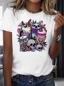 ropa de mujer Camiseta gráfica con diseño de calavera y taza de café floral para mujer, top casual de moda, estilo streetwear, camiseta con estampado artístico, ropa para fiestas y vacaciones, 220mg, camisas de mujer - Blanco - Ver 4