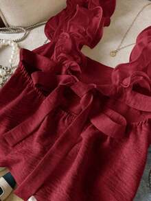 Frenchy Camiseta de tirantes de mujer con volantes de unicolor y parches, con detalle de nudo en la espalda - Rojo - Ver 3
