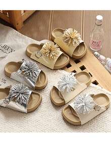 Sandalias para niñas pequeñas con decoración de borlas y pedrería, correas ajustables, sandalias planas, zapatos de playa de verano para niños - Beis - Ver 5