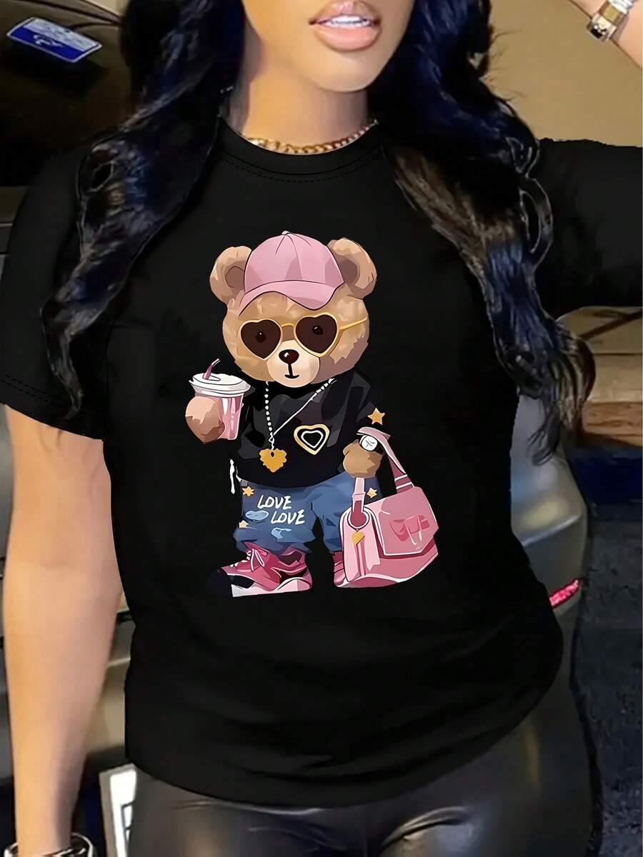 Women's Pure Cotton T-Shirt With Adorable Bear Print - Japanese Kawaii Anime Style, Short Sleeve And Round Neck, With Heart Prints And Teddy Bears, Pink Bow And Heart Letters, Suitable For Casual Daily Use In Spring, Summer And Autumn, Size M With A Retro Fashionable Design, Comfortable Fit Short Sleeve T-Shirt For Women. - 黑色 - 查看 1