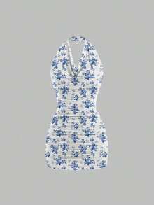 Vestido mini ajustado y sexy sin mangas con cuello drapeado y espalda descubierta con lazo - Multicolor - Ver 6