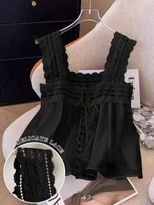 Blusa sin mangas de verano para mujer, de unicolor con parches de encaje - Negro - Ver 1