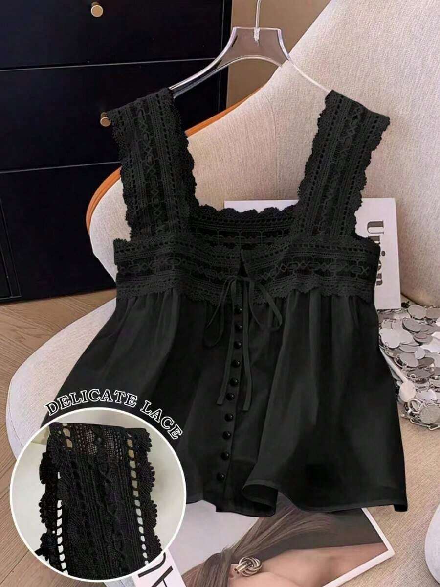 Blusa sin mangas de verano para mujer, de unicolor con parches de encaje - Negro - Ver 1