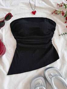 Blusa ajustada con diseño arrugado, abertura lateral y bajo asimétrico en textura azul para vacaciones de mujer - Negro - Ver 8