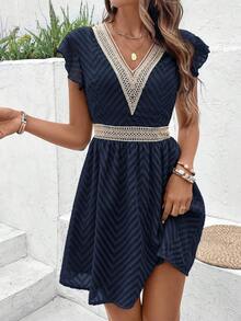 Vestido de verano con cintura fruncida y mangas de mariposa para mujer con cuello en V y estilo elegante - Azul marino - Ver 7