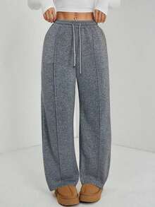 Pantalón de chándal de pierna recta con detalle de guijarro para mujer, mezcla de algodón cómoda - Gris - Ver 6