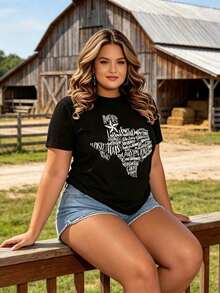 Women's And Unisex Texas Urban Clothing, Oversized Crew Neck T-Shirt For Daily Outings, Camping, Concerts, Hip-Hop, Rock And Rap Events, Pride T-Shirt With Map Design Of Texas Cities And Towns, Soft, Breathable And Lightweight T-Shirt, Casual Summer Outfits, Barbecues, Texas-Themed Events, Machine Washable. - 黑色 - 查看 6
