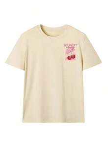 Women's 100% Cotton Loose-Fitting T-Shirt With Black Lip Print, Soft And Breathable Casual Top, Y2K Punk Style Short Sleeve T-Shirt, Suitable For Daily Outings, Music Festivals, Dates And Urban Casual Wear, Summer White Color. - 杏色 - 查看 3