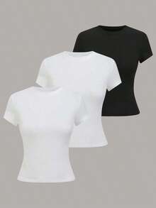 Camiseta casual de mujer de manga corta de unicolor, versátil - Multicolor 21 - Ver 6