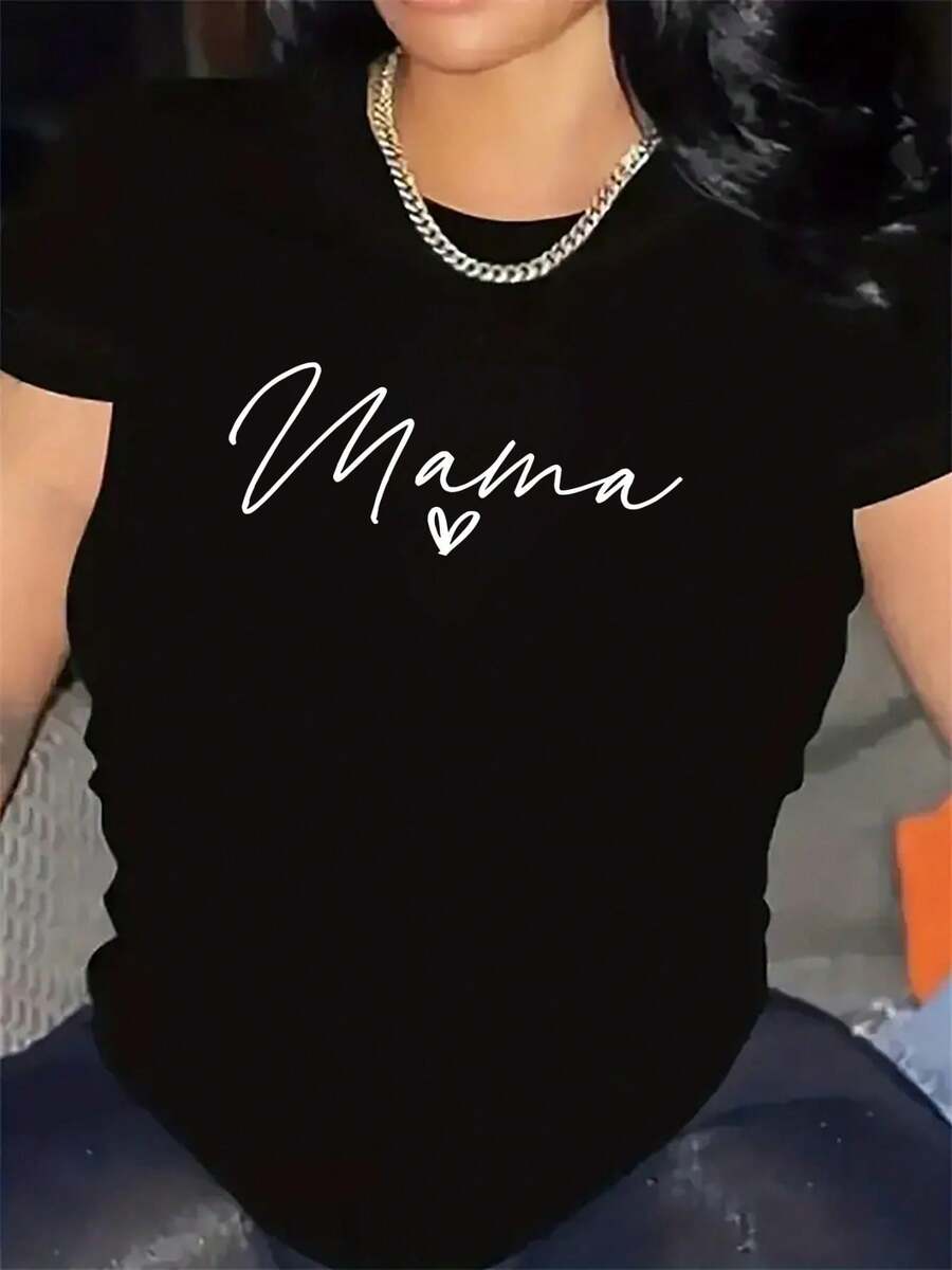Plus Size Women's Short Sleeve "Black Mama" Print T-Shirt - Lightweight, Stretchy, Round Neck Blouse With A Mom-Themed Design, Comfortable And Durable, Suitable For Home, Restaurant, Casual Wear, Machine Washable, Mature Style For Year-Round Outfits - 黑色 - 查看 1