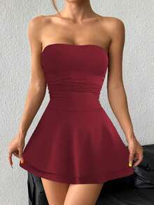 Vestido corto sexy tipo bandeau con estampado de leopardo y falda con volantes en capas - Burdeos - Ver 6