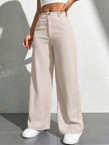 Pantalones casuales simples de unicolor para mujer para usar todos los días - Beis 2 - Ver 1