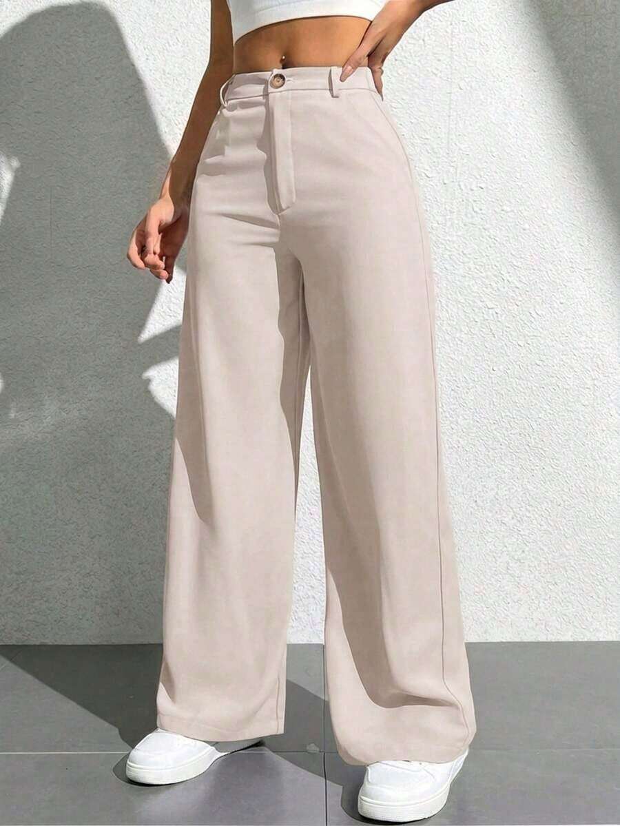 Pantalones casuales simples de unicolor para mujer para usar todos los días - Beis 2 - Ver 1