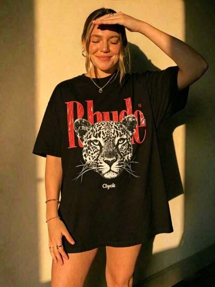 Y2KCHAOS Retro Urban Fashion Graphic T-Shirt With Bold Leopard Print And Rhude Style Typography, Loose Fit For Urban Fashion Lovers, Perfect For Young People And Those Looking For Bold Vintage Style Clothing (220g Pure Cotton T-Shirt) Manfinity2026 - 黑色 - 查看 1
