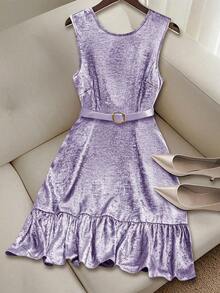 Vestido casual mini de mujer con tirantes de amarre, espalda descubierta, sin mangas, corte evasé y dobladillo con volantes - Morado - Ver 5