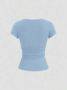 Camiseta de manga corta de unicolor con recorte de encaje de ojal semi-abierto para mujer, estilo urbano - Celeste - Ver 2
