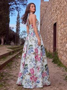 Faeriesty 花卉印花优雅缎面晚礼服 - 适合婚礼、红毯活动、艺术画廊开幕式、慈善晚宴和奢华社交场合，也是度假派对的必备单品 - 淺藍色 - 查看 2
