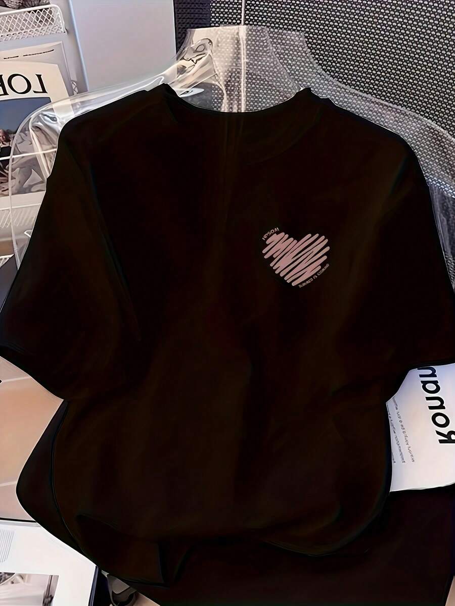 Playera de Mujer con Estampado de Calaveras en Pareja Besándose Corazón Estilo Gótico Romántico Manga Corta Casual Suave - Negro - Ver 1