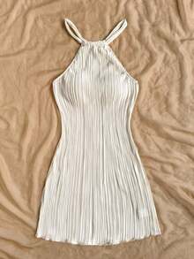 Vestido mini ajustado de unicolor con cuello anudado y plisado - Albaricoque - Ver 10