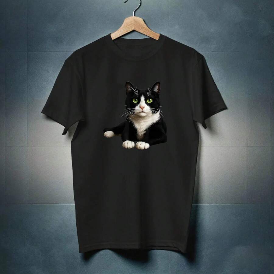 Camiseta unisex con diseño artístico de un gato esmoquin de ojos verdes, hasta la talla 5XL - Negro - Ver 1