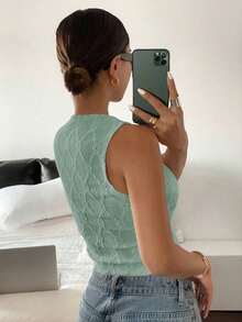 Top sin mangas blanco puro con bordado, de estilo "Old Money", casual y lindo para verano, para salir - verde menta - Ver 2