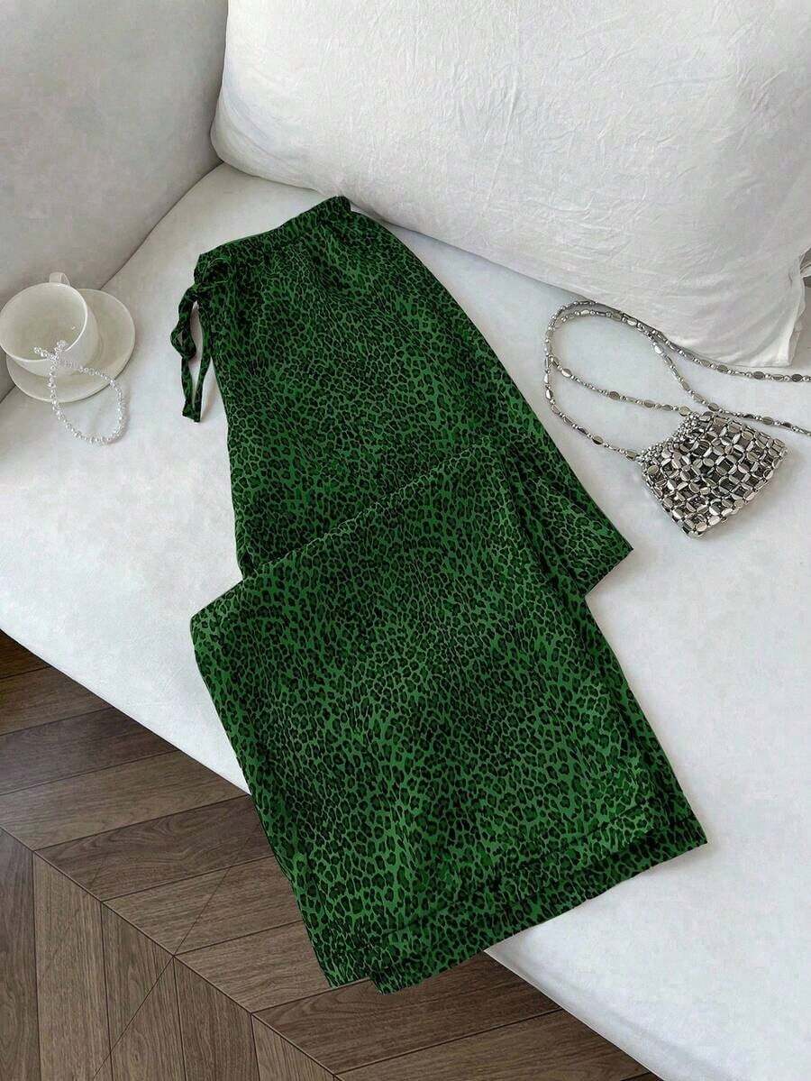Pantalones anchos de pierna negros con diseño de estampado de leopardo retro elegante, pantalones rectos con cintura elástica con cordón, uso casual, vuelta al colegio - Verde - Ver 1