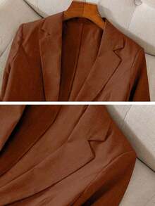 Blazer de lino de 3/4 de manga con cintura ajustable, diseño de botones, adecuado para ir al trabajo, eventos formales, fiestas elegantes, ropa de oficina - Primavera, Verano, Otoño - Óxido marrón - Ver 4