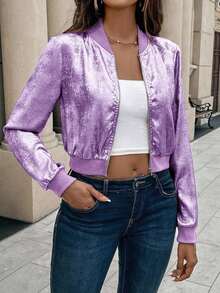 Chaqueta de béisbol con cremallera metálica dorada, puños acanalados, ajuste slim, elegante y versátil, cárdigan corto para ropa de fiesta de Año Nuevo - Morado - Ver 5