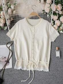 Cárdigan de punto gris de manga corta para mujer, de corte slim, con estilo universitario de verano, cuello redondo, parche de encaje y dobladillo con cordón - Albaricoque - Ver 6