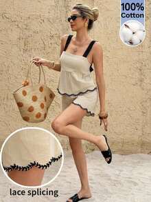 Conjunto de 2 piezas de top de tirantes y shorts de estilo casual, sexy y de vacaciones con diseño de contraste de color, espalda descubierta, nudo y recorte de ganchillo para mujer - Albaricoque - Ver 1