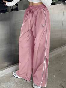 Pantalones casuales de pierna ancha con cordón en contraste y ribeteamionto - Rosa - Ver 3