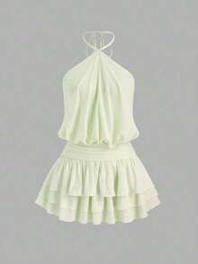 Vestido mini con espalda descubierta, estilo sexy y picante, de cuello halter, adecuado para citas, vacaciones y verano - Verde - Ver 9