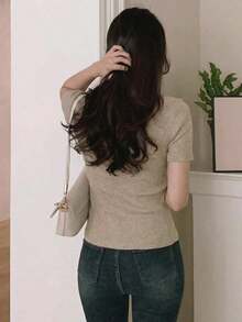 Blusa casual de mujer de punto acanalado con botones y manga corta - Marrón Mocha - Ver 4