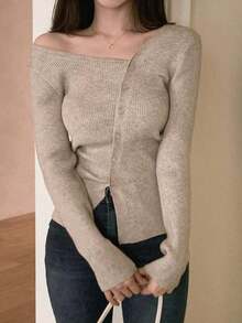 Blusa casual de mujer de punto acanalado con botones y manga corta - Marrón Mocha 2 - Ver 4