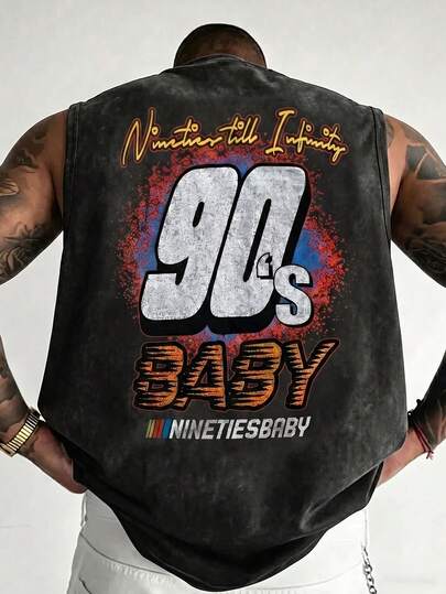  FRACTYR Men's Summer Casual Street Fashion "90s BABY" Racing Print Washed Tank Top | Must-Have Retro Street Style Item