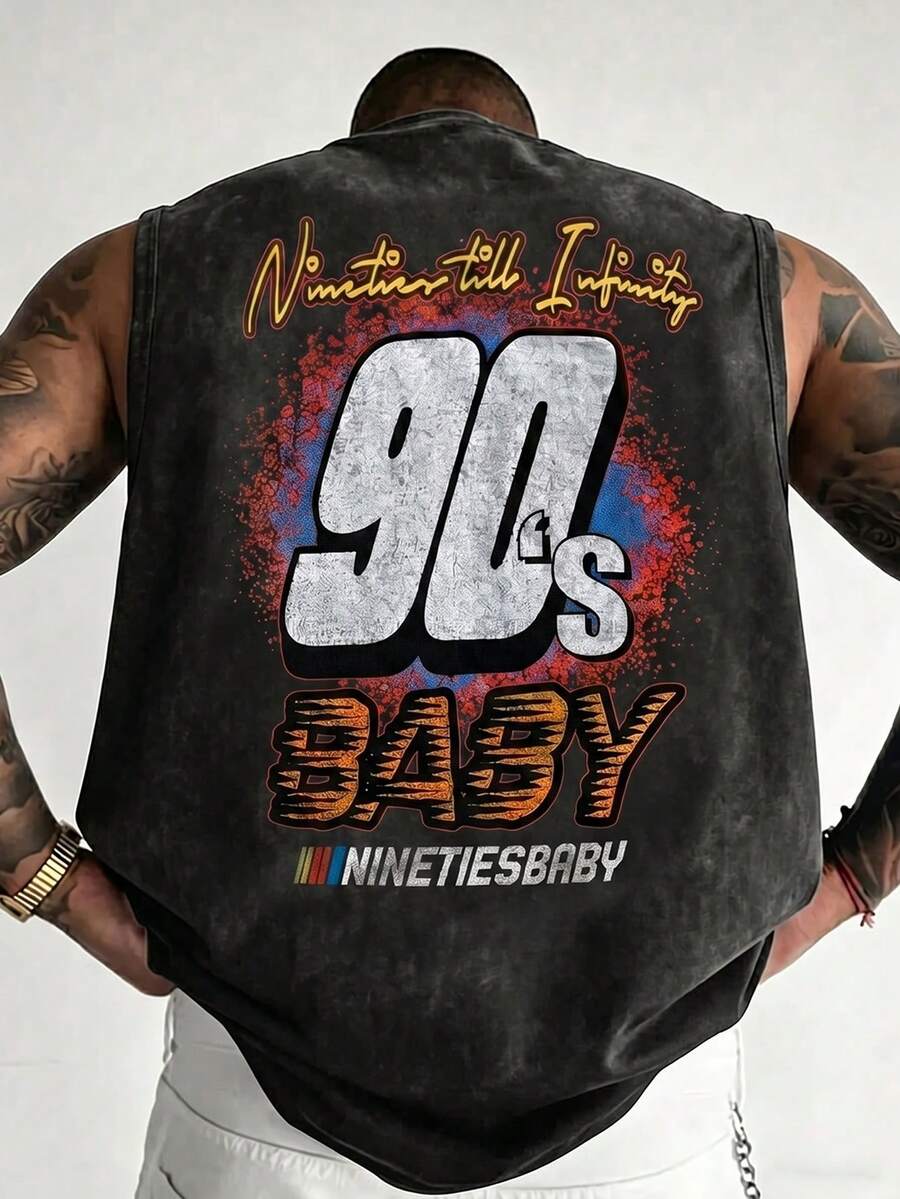 Áo tank top nam FRACTYR phong cách đường phố thường ngày mùa hè "90s BABY" in họa tiết đua xe, chất liệu vải mài | Món đồ không thể thiếu cho phong cách đường phố retro - màu đen - Xem 1