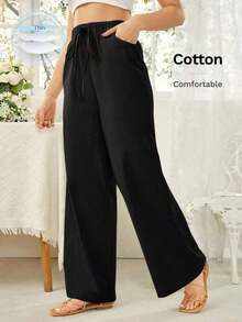 Pantalones largos minimalistas de unicolor con cordones y bolsillos para mujer, casuales para uso diario - Negro - Ver 1