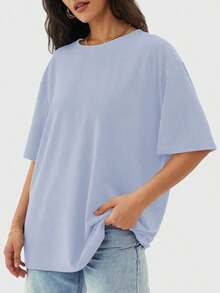 Camiseta holgada para mujer de manga corta y cuello redondo, camisa casual estilo Y2K, básica para deportes de verano - Niebla azul - Ver 2