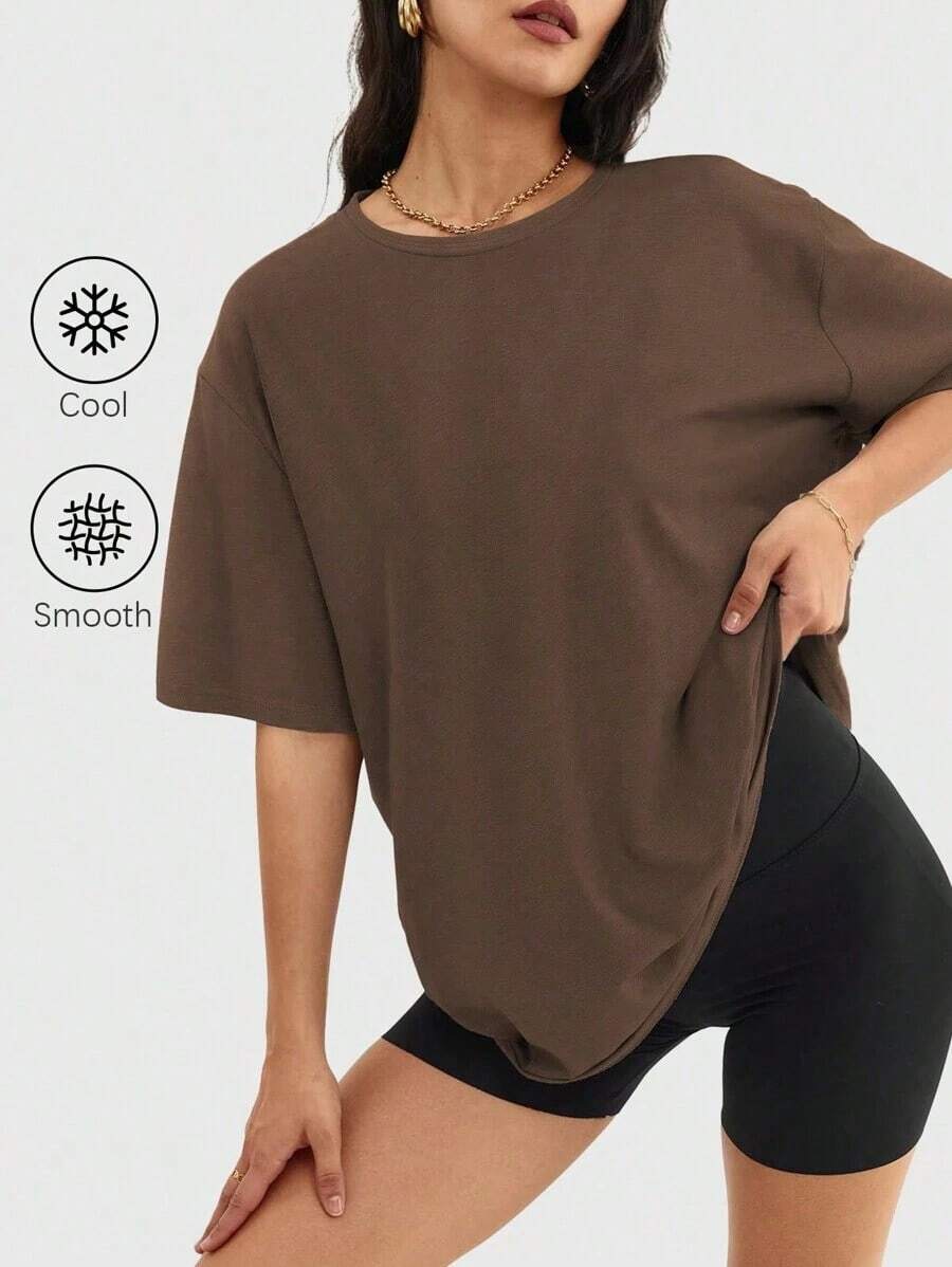 Camiseta holgada para mujer de manga corta y cuello redondo, camisa casual estilo Y2K, básica para deportes de verano - Marrón - Ver 1