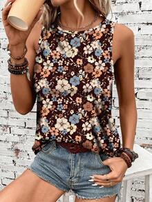 Camiseta de tirantes casual con cuello redondo y estampado floral para mujer - Multicolor 3 - Ver 1