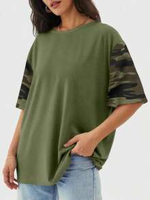 Camiseta holgada para mujer de manga corta y cuello redondo, camisa casual estilo Y2K, básica para deportes de verano - Verde Oliva - Ver 2