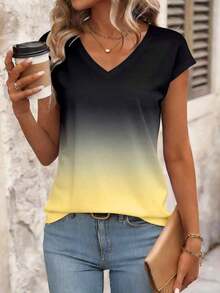 Blusa de rayas de verano casual para vacaciones, de manga corta y cuello en V, minimalista y versátil para uso diario y viajes, estilo coreano suave y apropiada para la oficina - Amarillo - Ver 8
