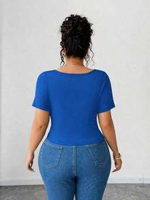 Camiseta de manga corta con diseño de cuello asimétrico para mujer de talla grande, de ajuste ceñido y de alta gama, versátil para el trayecto y el uso diario en primavera/verano - azul real - Ver 2
