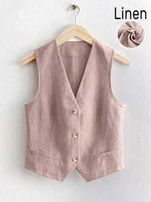 Chaleco corto de lino casual para mujer para primavera y verano - Rosa - Ver 1