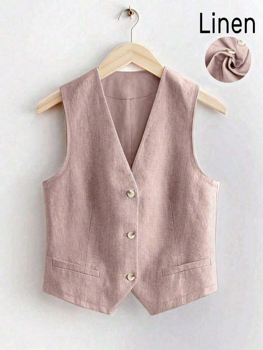 Chaleco corto de lino casual para mujer para primavera y verano - Rosa - Ver 1