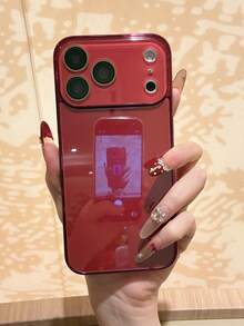 Luxury Electroplated Red Edged Glossy Glass Phone Case Suitable For IPhone 17 Pro Max, 16, 15, 14, 13, 12, 11 Pro Max, Lens Protection, Minimalist Solid Color, Cute & Elegant Phone Case Suitable For IPhone 17 Pro Max, 16 Pro Max, 17 Pro, 15 Pro Max, 14 Pro Max, 13 Pro Max - Red - View 5