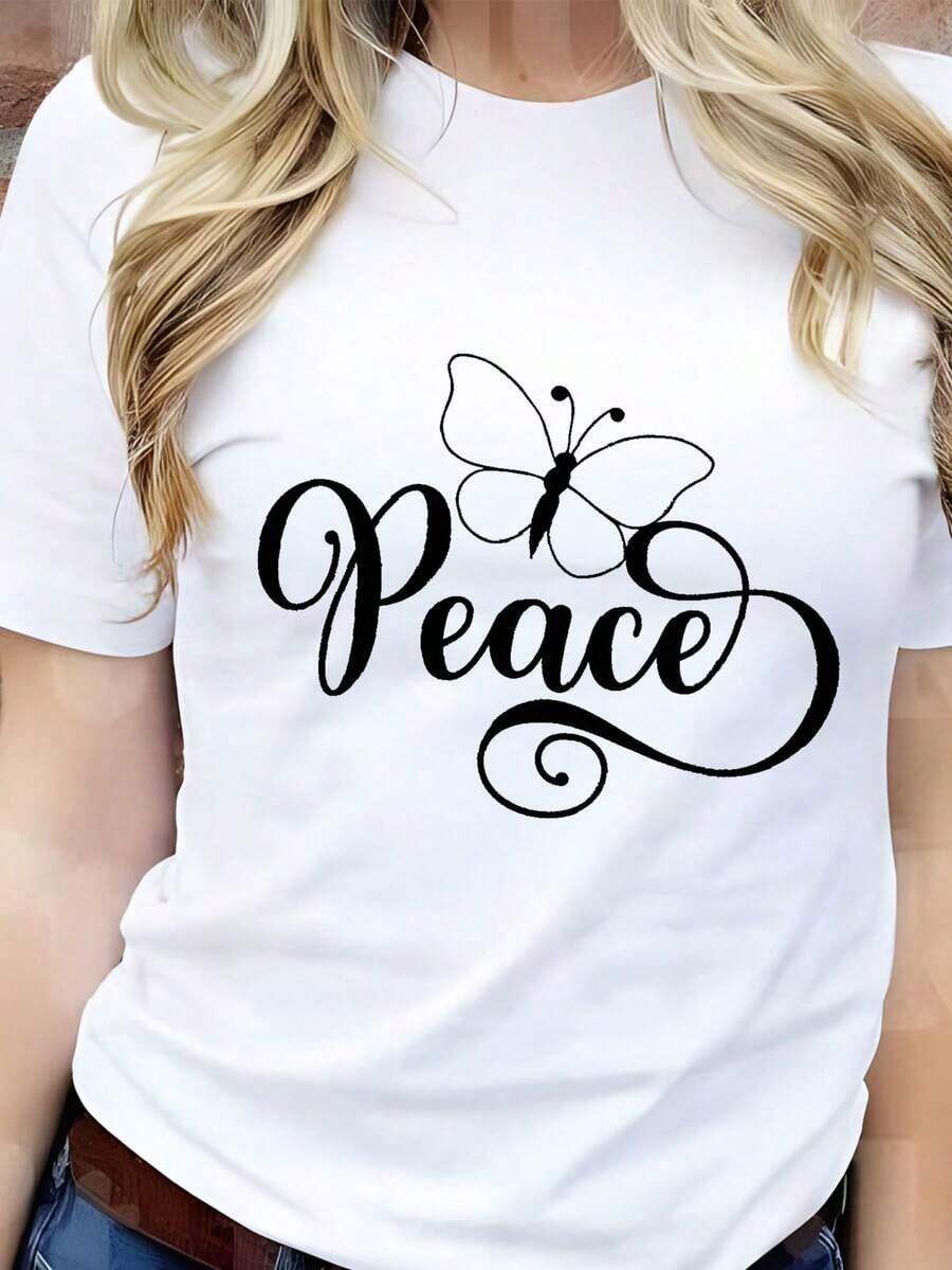 Women's 100% Cotton T-Shirt With Peace Butterfly Design, Comfortable Casual T-Shirts, Fashionable Printed T-Shirts, Soft And Breathable Tops For Ladies, Unique Style Clothing - 白色 - 查看 1