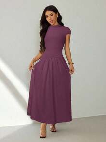 Vestido casual largo plisado de manga abullonada y cuello alto en unicolor para mujer, de verano - Morado - Ver 3