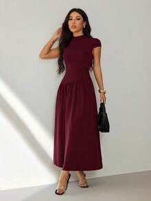 Vestido casual largo plisado de manga abullonada y cuello alto en unicolor para mujer, de verano - Rojo violeta - Ver 4