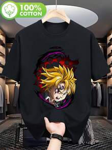 Diseño de cuello casual con estampado de anime, camiseta deportiva de gran tamaño para hombre con estampado de anime y cómics, con motivos de dragones y personajes - Camiseta transpirable de manga corta y cuello redondo, talla. - Negro - Ver 1